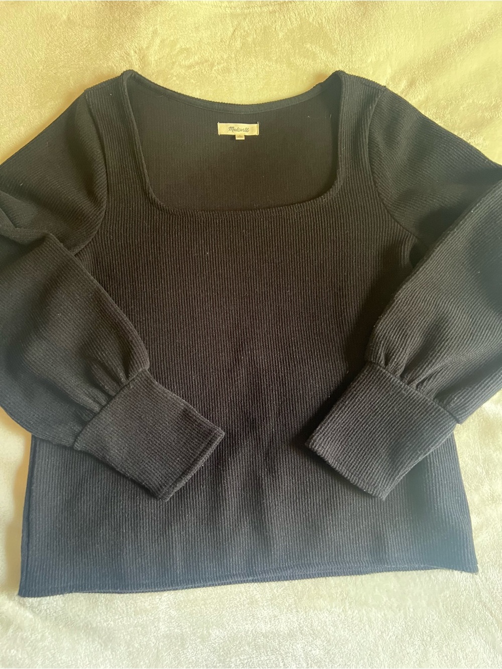 Madewell Black Knit Ribbed Square Neckline Sweater Top Balloon Sleeves L